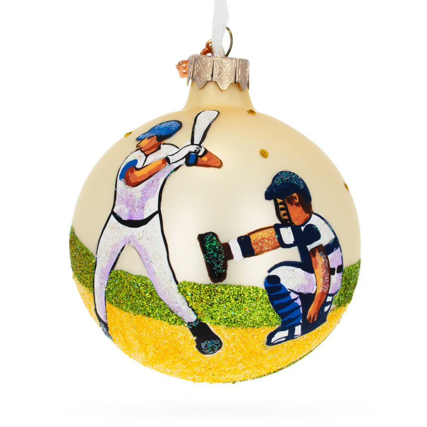 Glass Baseball Blown Glass Ball Christmas Ornament 3.25 Inches in Beige color Round