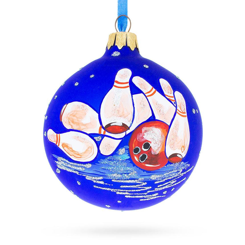 Glass Strike! Bowling Blown Glass Ball Christmas Ornament 3.25 Inches in Blue color Round