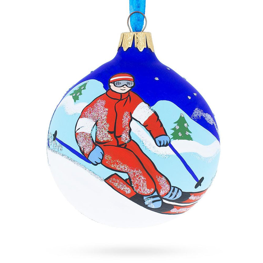 Glass Winter Wonderland Skiing Blue Blown Glass Ball Christmas Ornament 3.25 Inches in Blue color Round