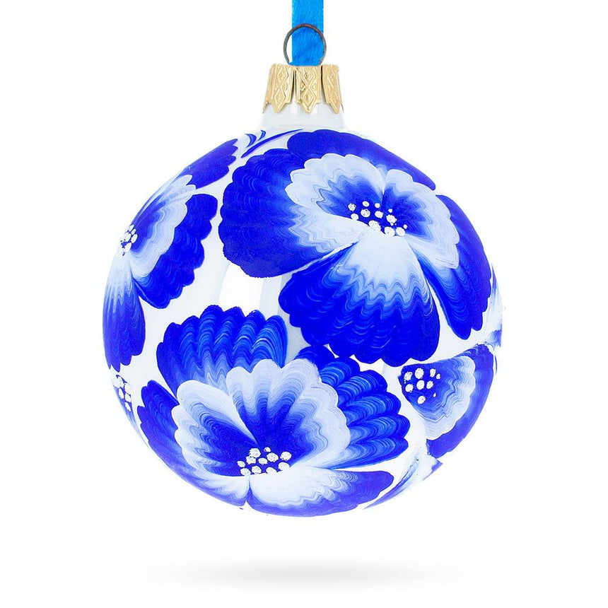 Glass Pansies Flowers on White Blown Glass Ball Christmas Ornament 3.25 Inches in Blue color Round