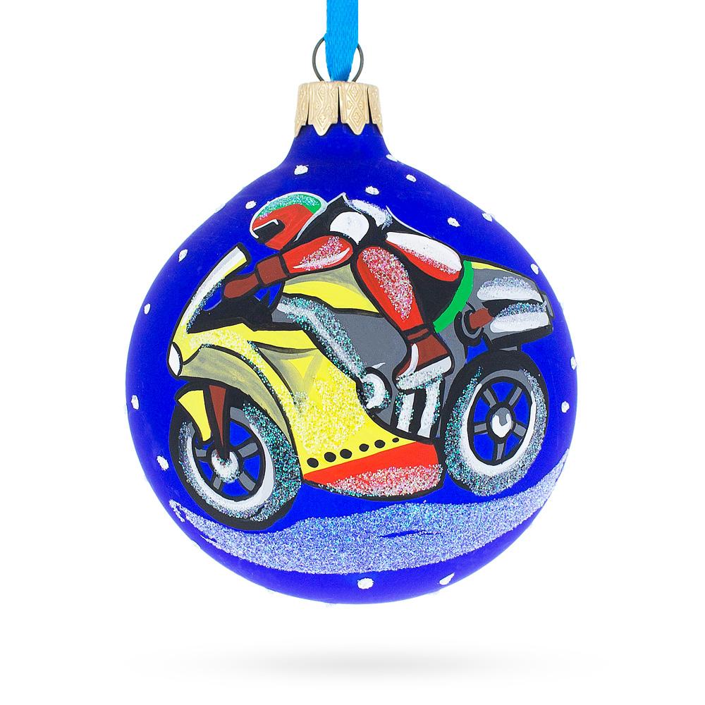 Glass Revved-Up Motorcycle Blown Glass Ball Christmas Ornament 3.25 Inches in Blue color Round