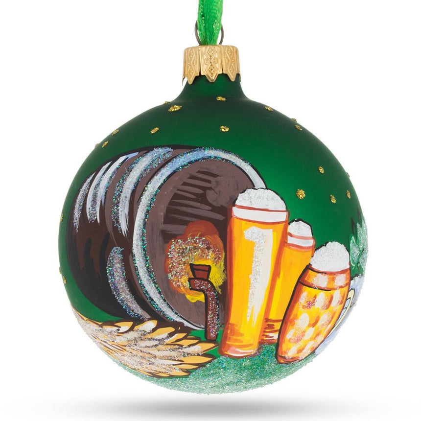 Glass Beer Barrel Blown Glass Ball Christmas Ornament 3.25 Inches in Green color Round