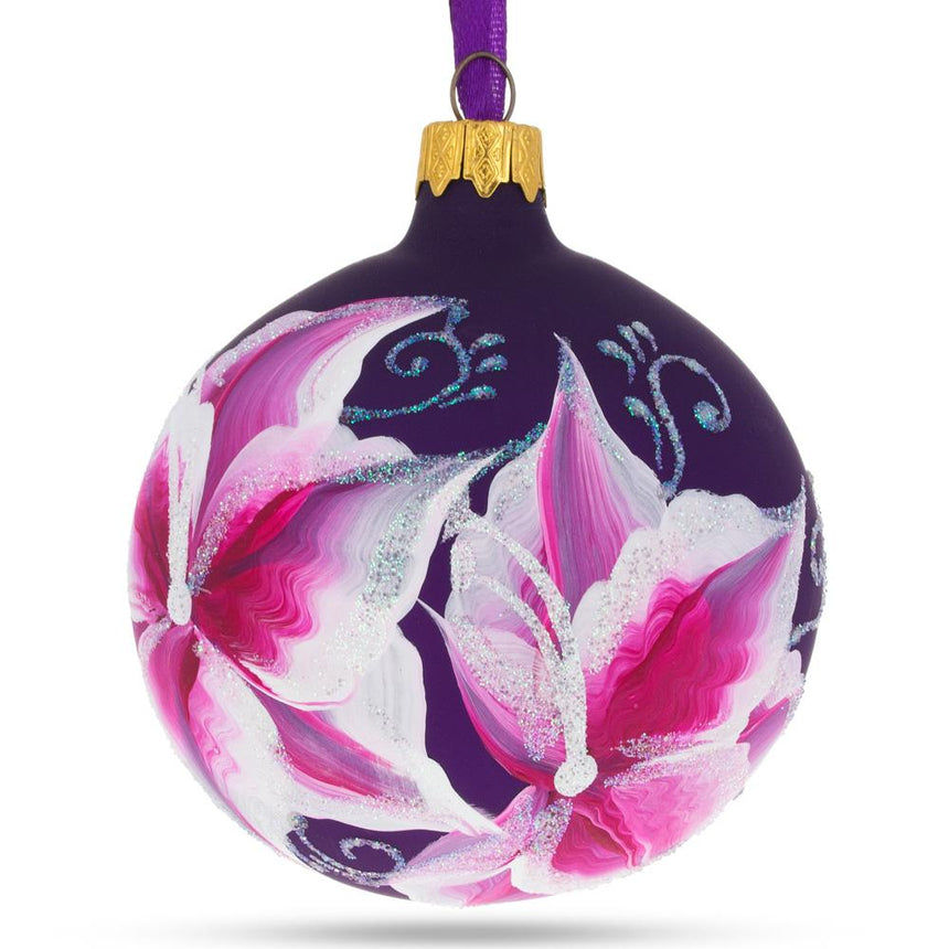 Glass Purple Lily Blossoms Blown Glass Ball Christmas Ornament 3.25 Inches in Purple color Round