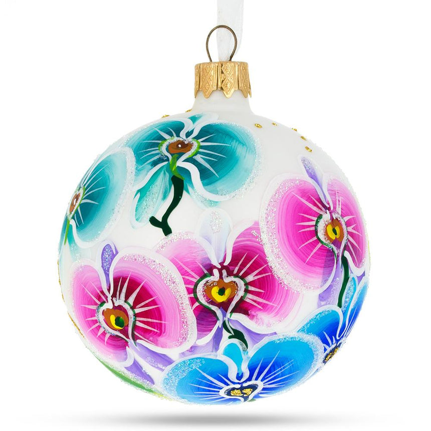 Glass Orchid Medley Blown Glass Ball Christmas Ornament 3.25 Inches in White color Round