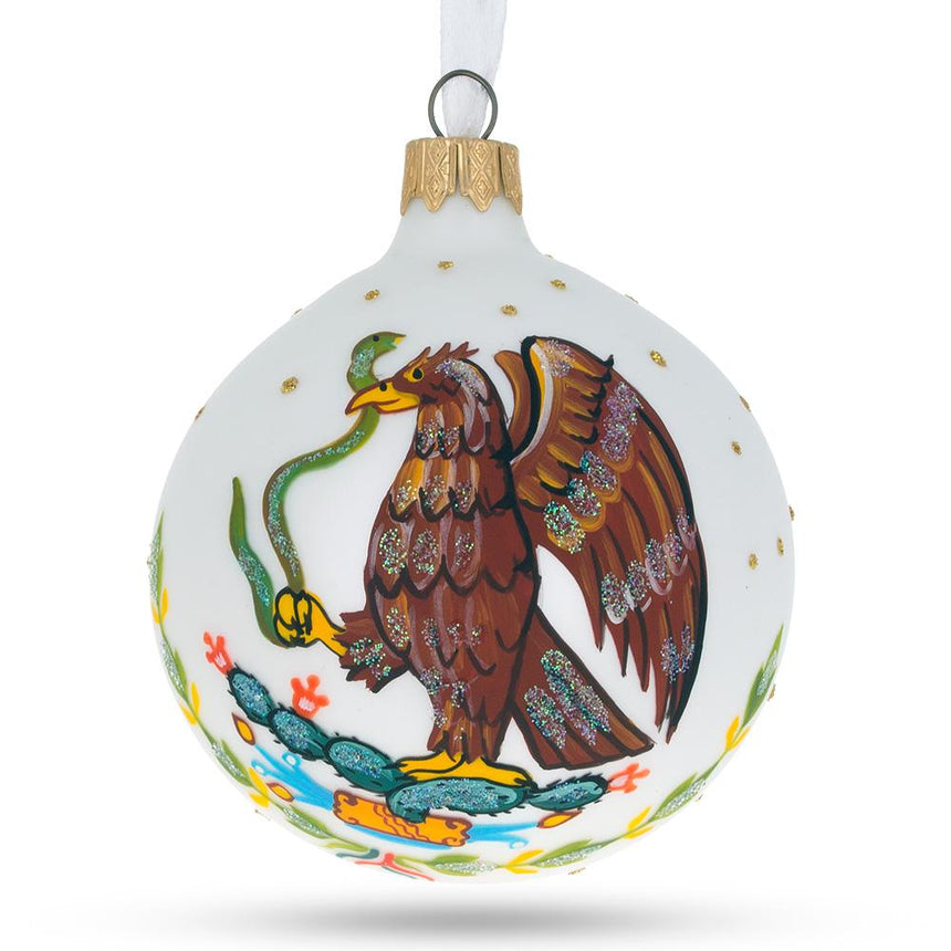 Glass Mexico Coat of Arms Blown Glass Ball Christmas Ornament 3.25 Inches in White color Round