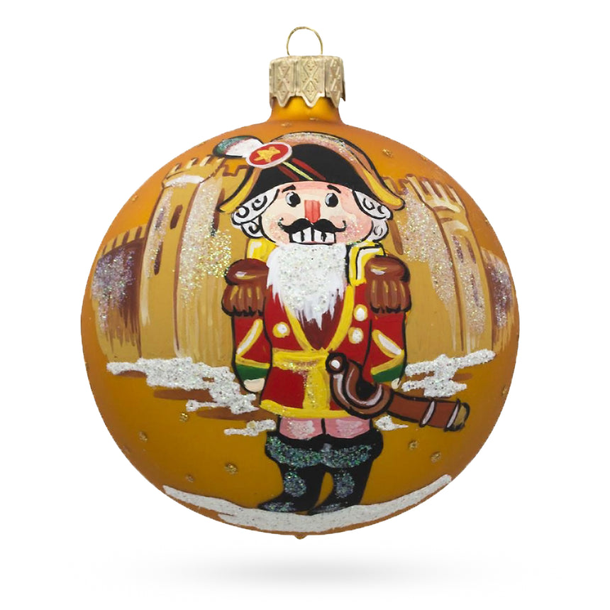 Glass Nutcracker Soldier Glass Ball Christmas Ornament 3.25 Inches in Orange color Round