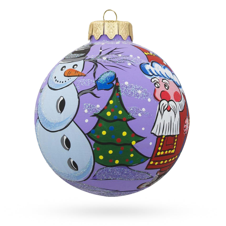 Glass Santa, Snowman, and Christmas Tree Blown Glass Ball Ornament 3.25 Inches in Purple color Round