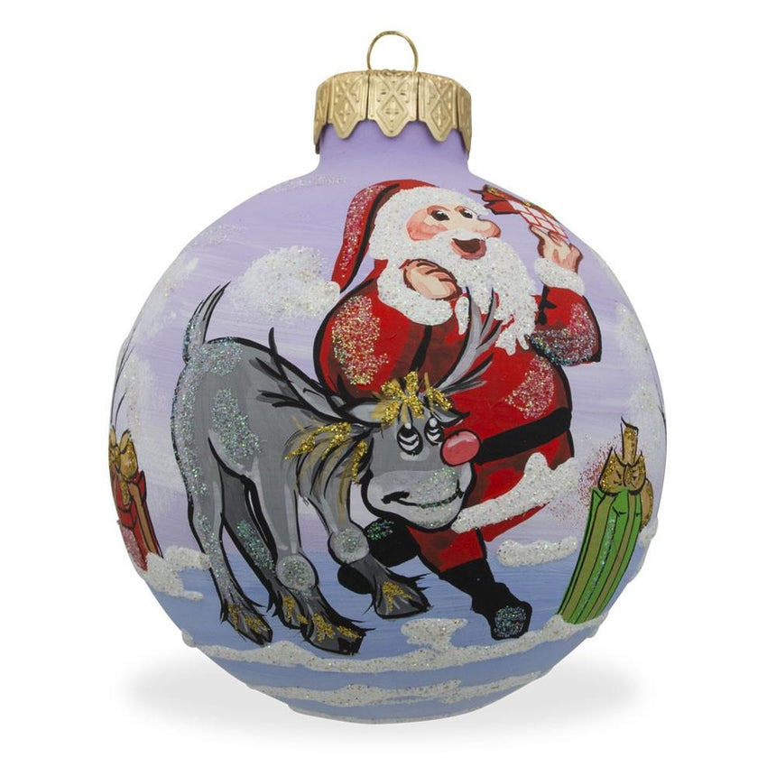 Glass Jolly Journey: Santa and Reindeer Delivering Presents Blown Glass Ball Christmas Ornament 3.25 Inches in Multi color Round