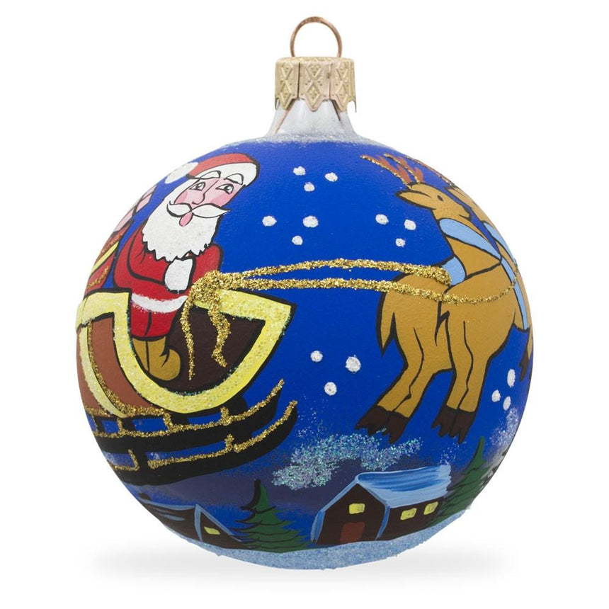 Glass Moonlit Journey: Santa Riding Sleigh Blown Glass Ball Christmas Ornament 3.25 Inches in Blue color Round