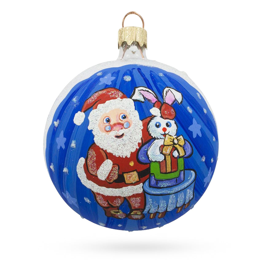 Glass Santa's Magical Rabbit Trick Glass Ball Christmas Ornament 3.25 Inches in Blue color Round