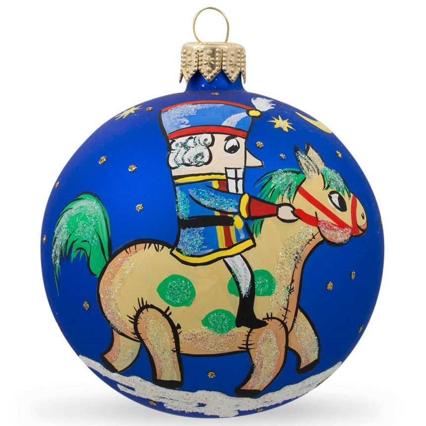 Glass Royal Cavalry: Nutcracker on Horseback Blown Glass Ball Christmas Ornament 3.25 Inches in Blue color Round