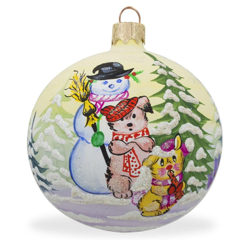 Glass Joyful Gathering: Snowman, Cat, and Dog Celebrating Christmas Blown Glass Ball Ornament 3.25 Inches in Multi color Round