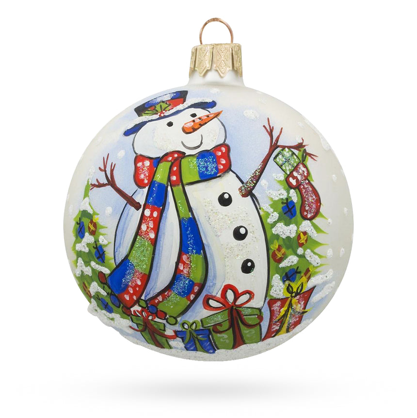 Glass Snowman with Christmas Tree and Gifts Blown Glass Ball Ornament 3.25 Inches in Multi color Round