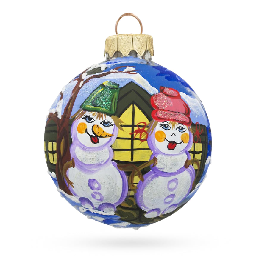 Glass Snowman Couple Glass Ball Christmas Ornament 3.25 Inches in Multi color Round