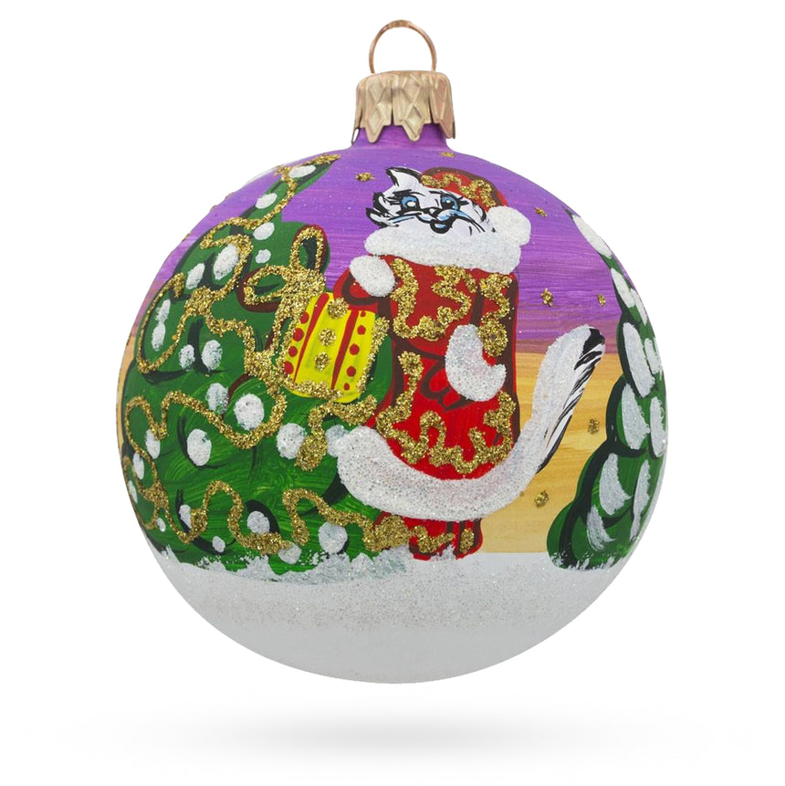 Glass Cat Leaving Holiday Gifts Blown Glass Ball Christmas Ornament 3.25 Inches in Multi color Round