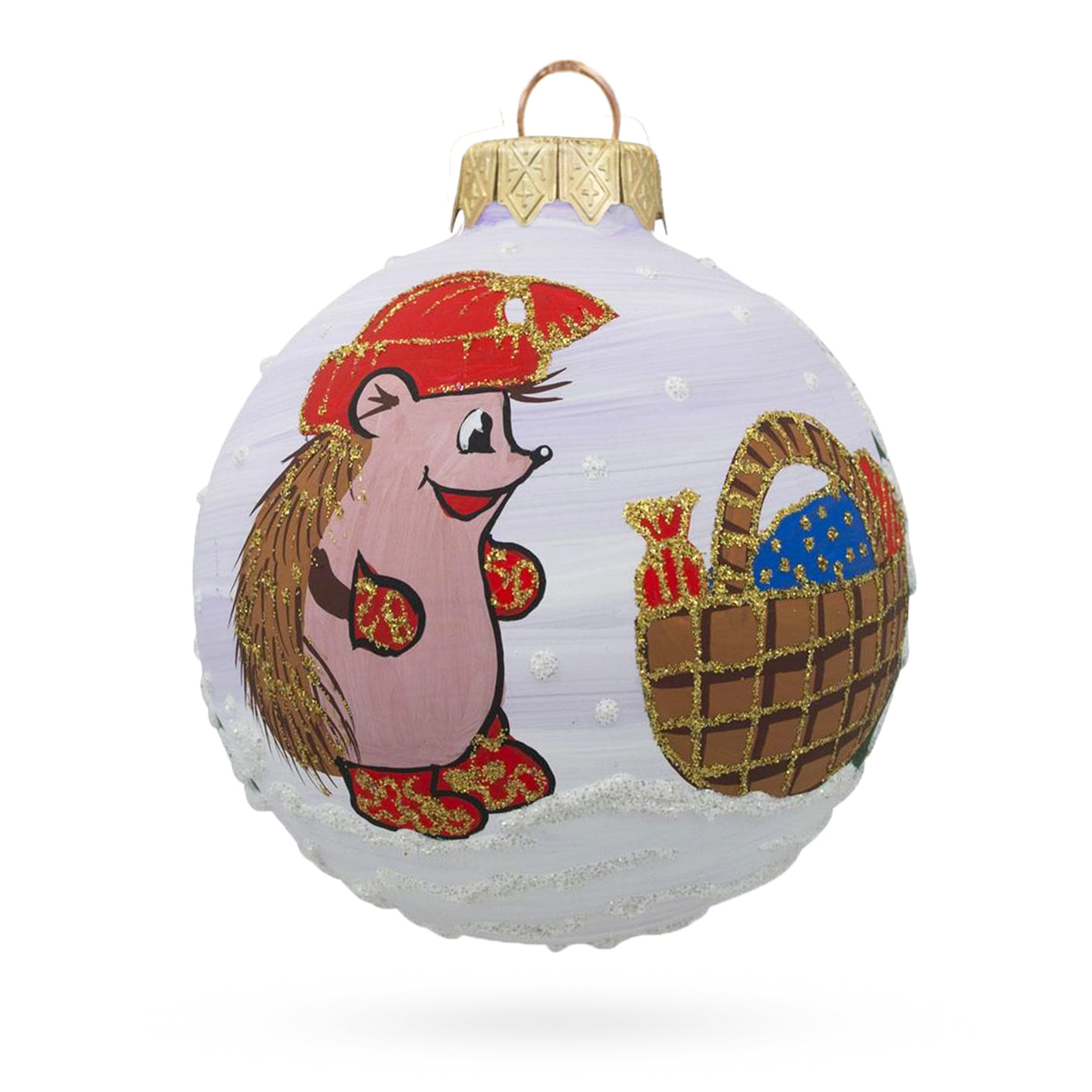 Glass Hedgehog with Mittens Blown Glass Ball Christmas Ornament 3.25 Inches in Multi color Round