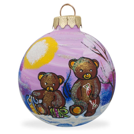 Glass Cuddly Companions: Two Teddy Bears Blown Glass Ball Christmas Ornament 3.25 Inches in Multi color Round