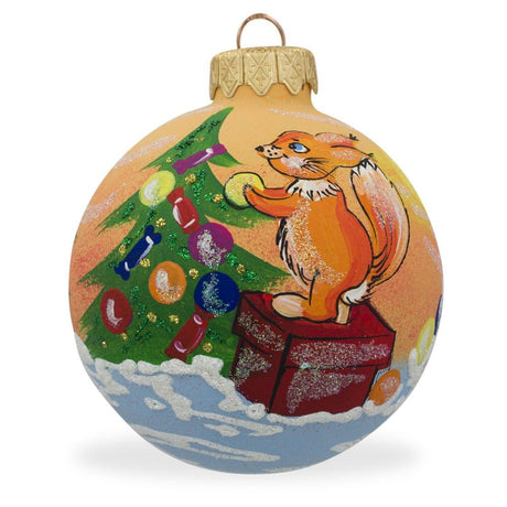 Glass Festive Forester: Squirrel Decorating Christmas Tree Blown Glass Ball Ornament 3.25 Inches in Multi color Round