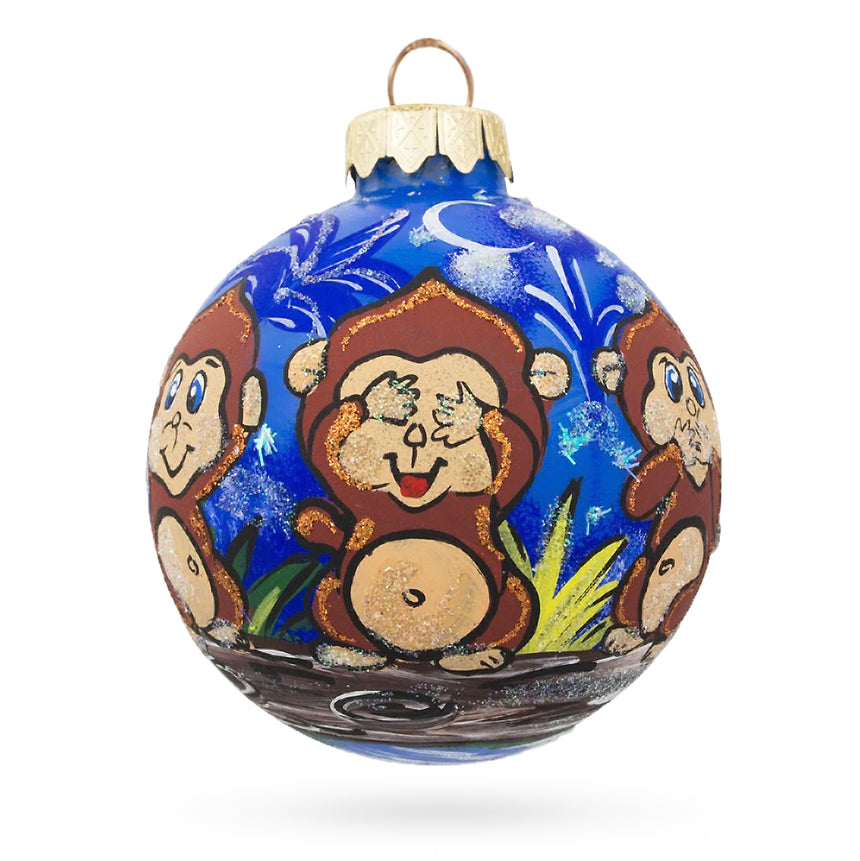 Glass 3 Wise Monkeys No See, No Hear, No Speak Blown Glass Ball Christmas Ornament 3.25 Inches in Blue color Round