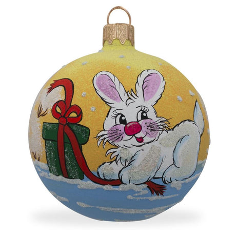 Glass Delightful Bunny Rabbit with Festive Gift Blown Glass Ball Christmas Ornament 3.25 Inches in Multi color Round