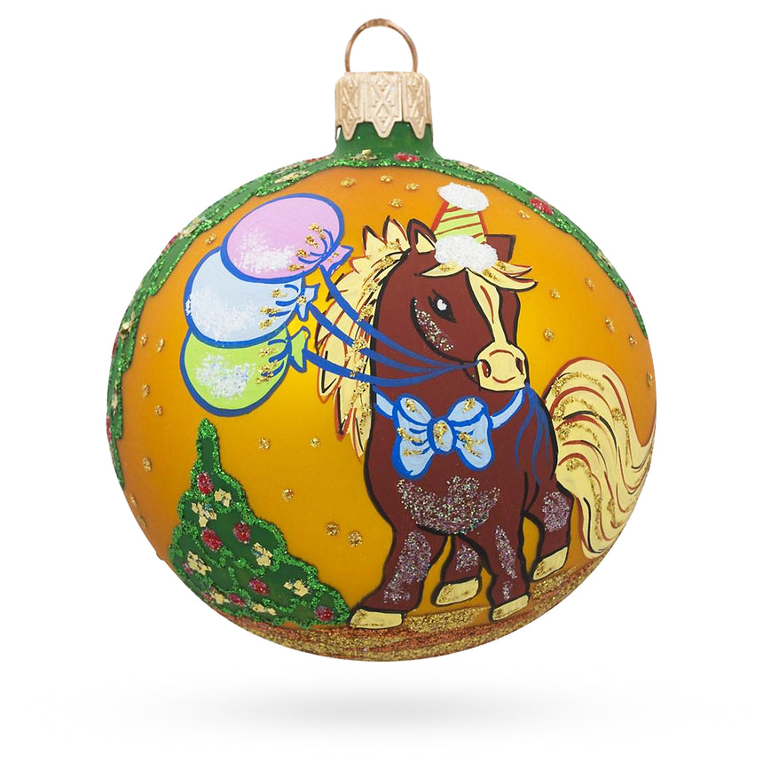 Glass Horse with Floating Balloons Blown Glass Ball Christmas Ornament 3.25 Inches in Orange color Round