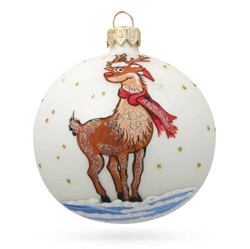 Glass Shimmering Rudolf the Red-Nosed Reindeer Glass Ball Christmas Ornament 3.25 Inches in White color Round