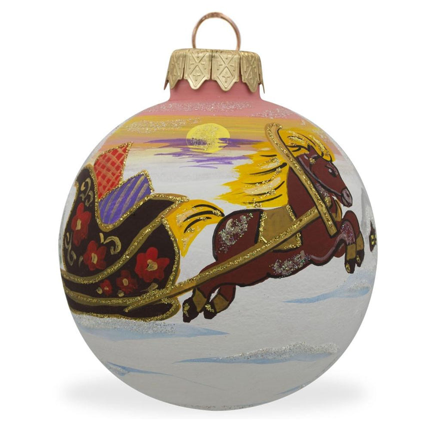 Glass Holiday Voyage: Horse-Drawn Sled Laden with Gifts Blown Glass Ball Christmas Ornament 3.25 Inches in Multi color Round