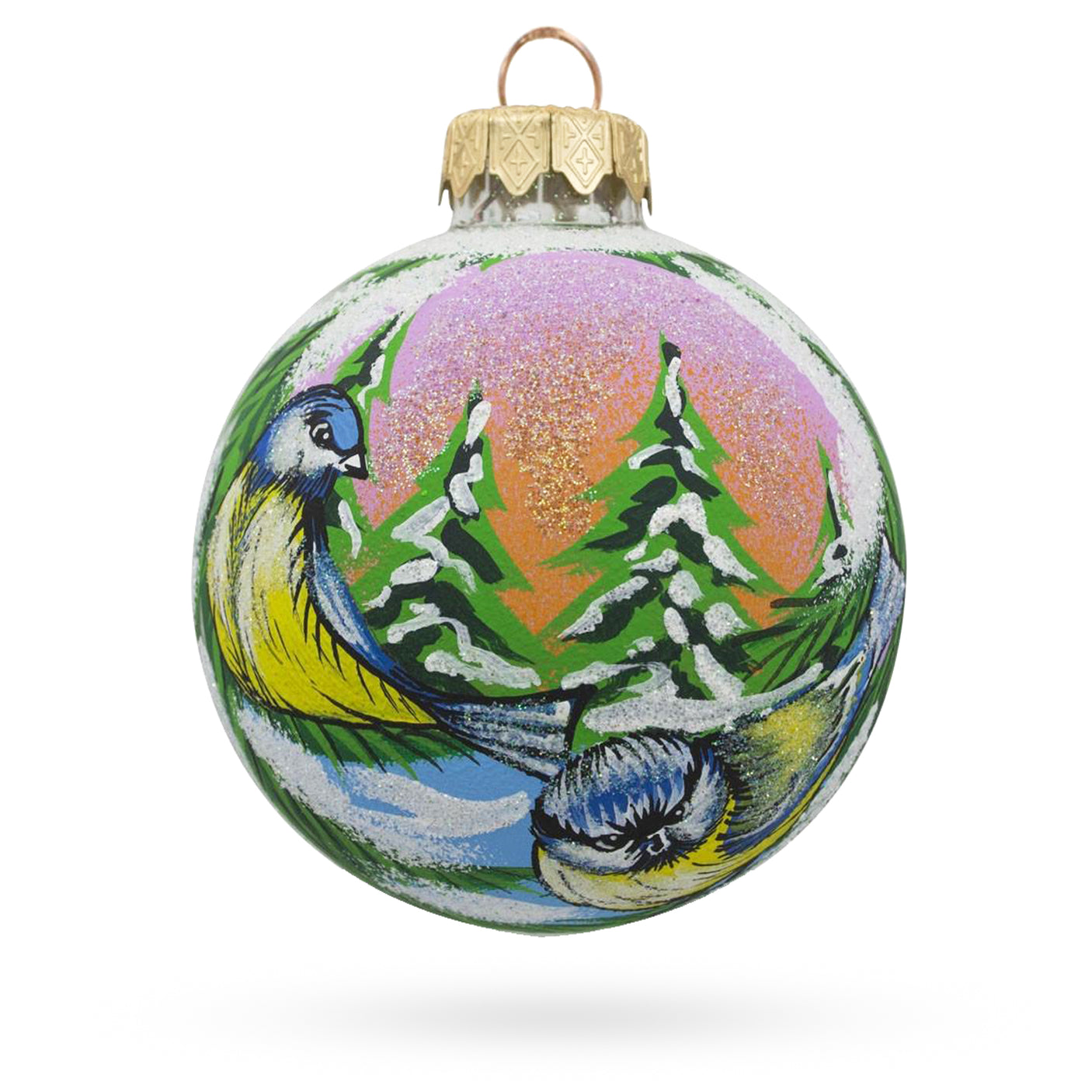 Glass Twin Blue Birds Blown Glass Ball Christmas Ornament 3.25 Inches in Multi color Round