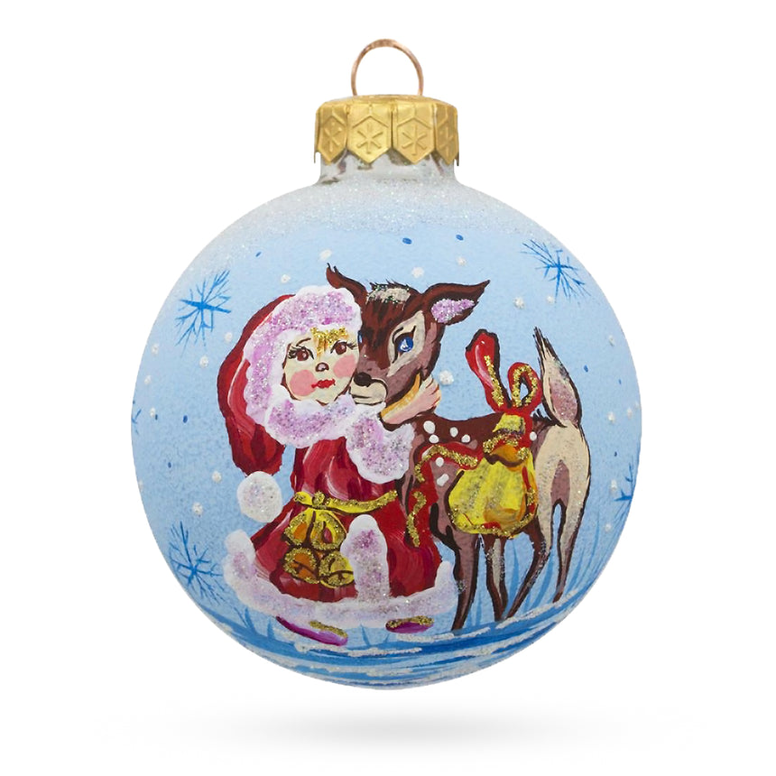 Glass Girl and Reindeer Glass Ball Christmas Ornament 3.25 Inches in Blue color Round