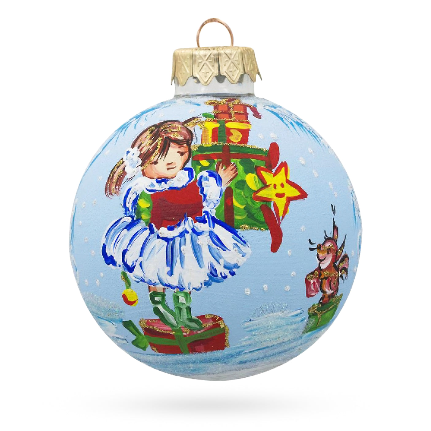 Glass Little Girl Holding Gifts Blown Glass Ball Christmas Ornament 3.25 Inches in Blue color Round