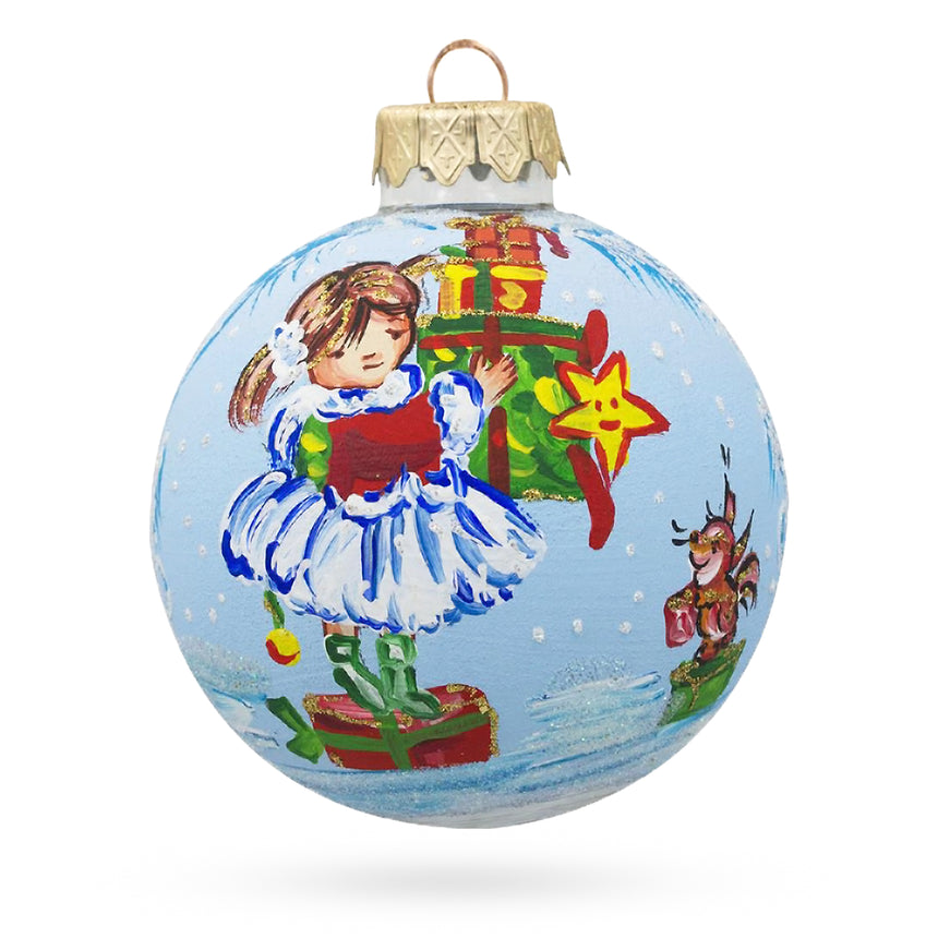 Glass Little Girl Holding Gifts Glass Ball Christmas Ornament 3.25 Inches in Blue color Round