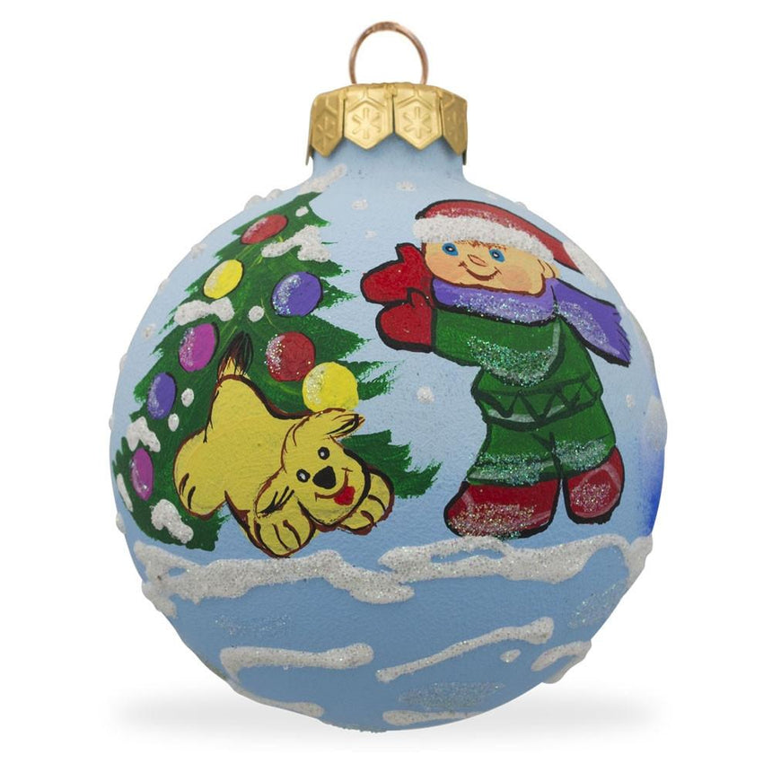 Glass Festive Companions: Boy and Dog Decorating Tree Blown Glass Ball Christmas Ornament 3.25 Inches in Multi color Round