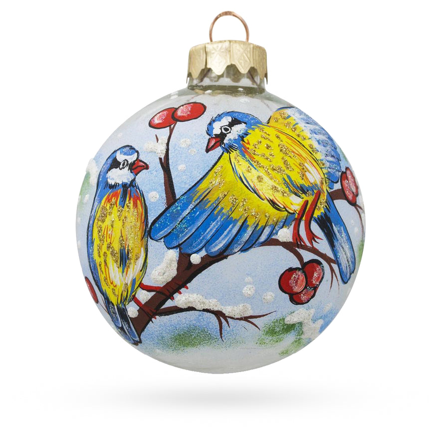 Glass Blue and Yellow Birds on Branch Blown Glass Ball Christmas Ornament 3.25 Inches in Blue color Round