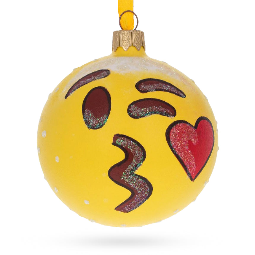 Glass Cheeky Wink and Kiss Facial Expressions Glass Ball Christmas Ornament 3.25 Inches in Yellow color Round