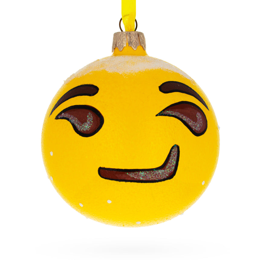 Glass Sly Smirking Facial Expressions Glass Ball Christmas Ornament 3.25 Inches in Yellow color Round