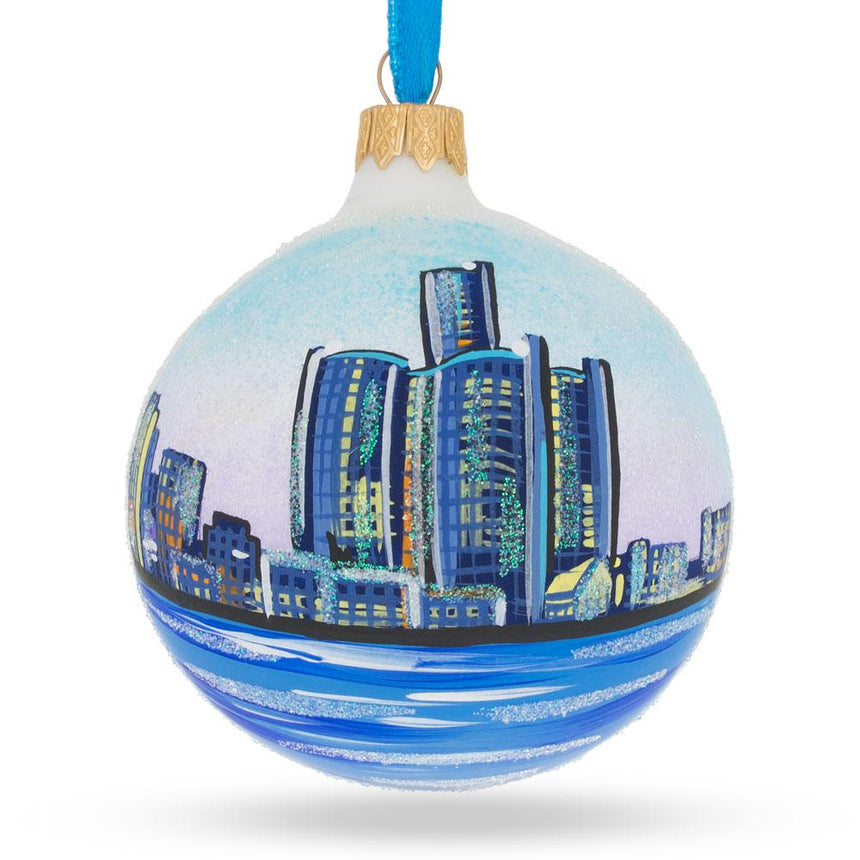 Glass Detroit, Michigan Glass Ball Christmas Ornament 3.25 Inches in Blue color Round