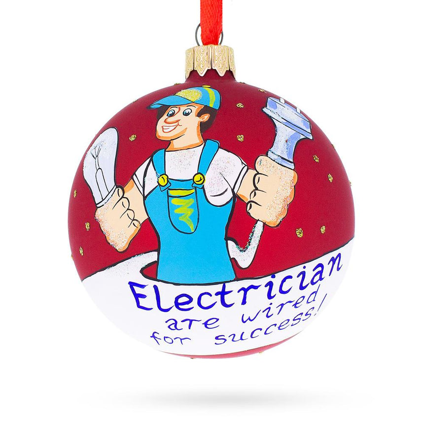 Glass Skilled Electrician with Tools - Blown Glass Ball Christmas Ornament 3.25 Inches in Red color Round