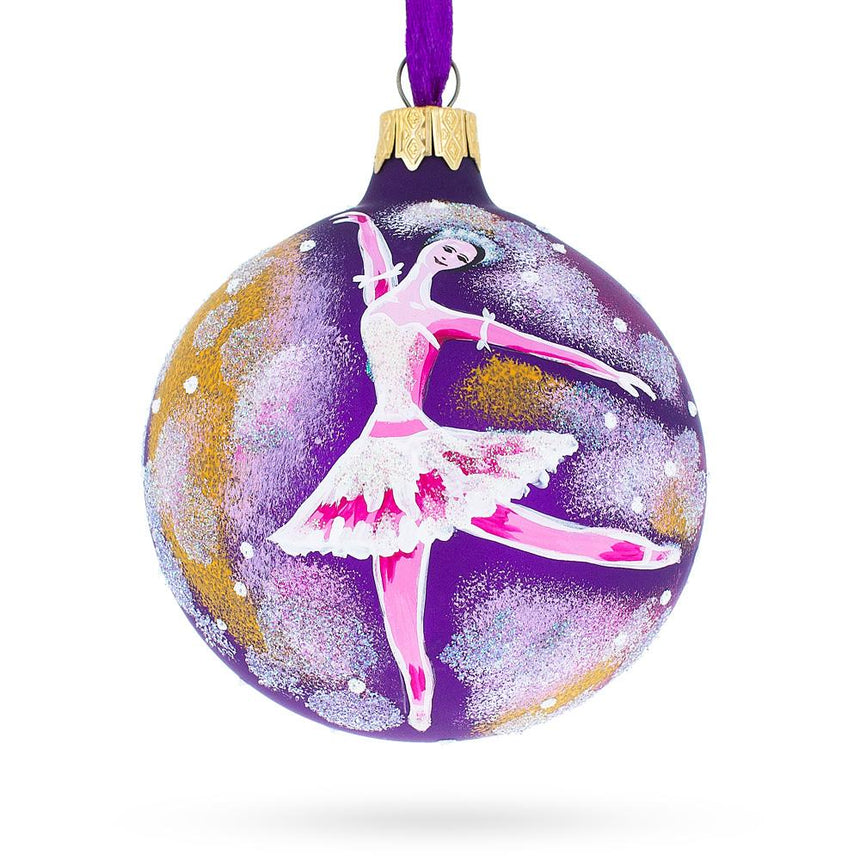 Glass Ballet Dancer on Purple Blown Glass Ball Christmas Ornament 3.25 Inches in Purple color Round