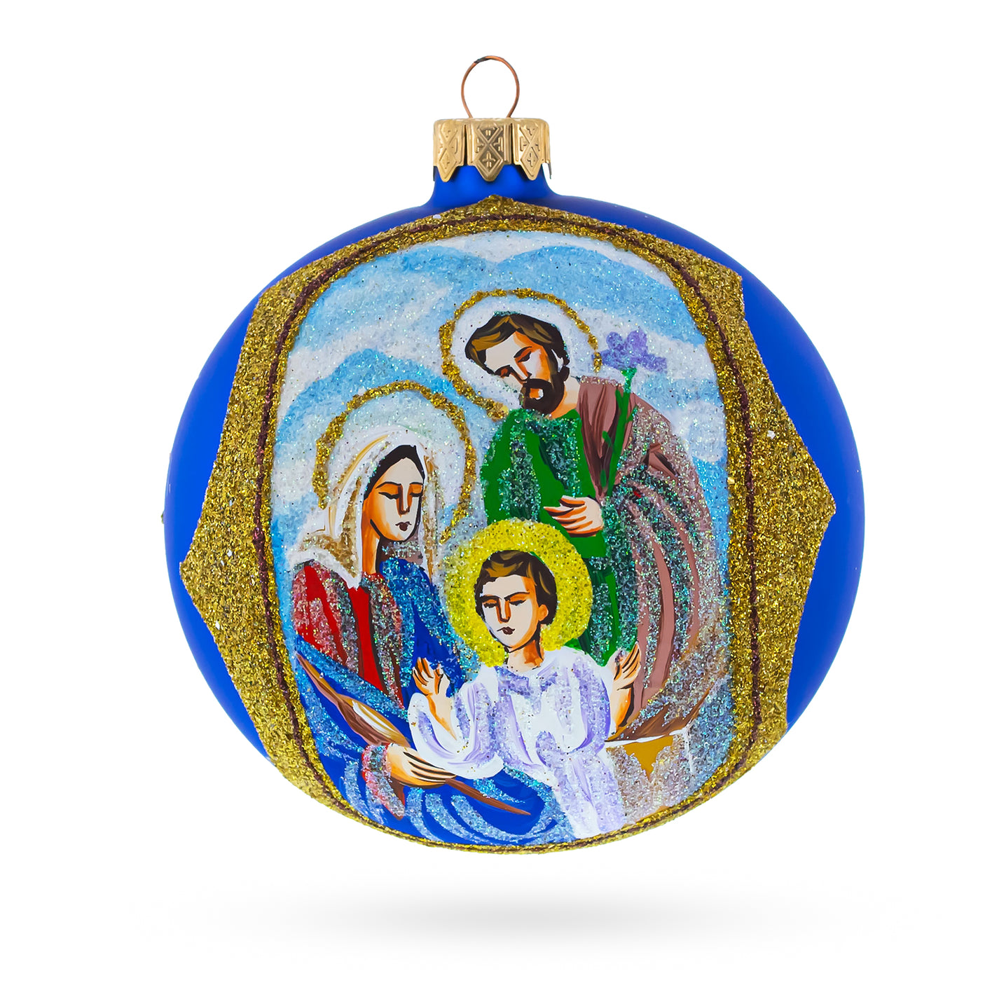 Glass Sacred Holy Family Blown Glass Ball Christmas Ornament 4 Inches in Blue color Round