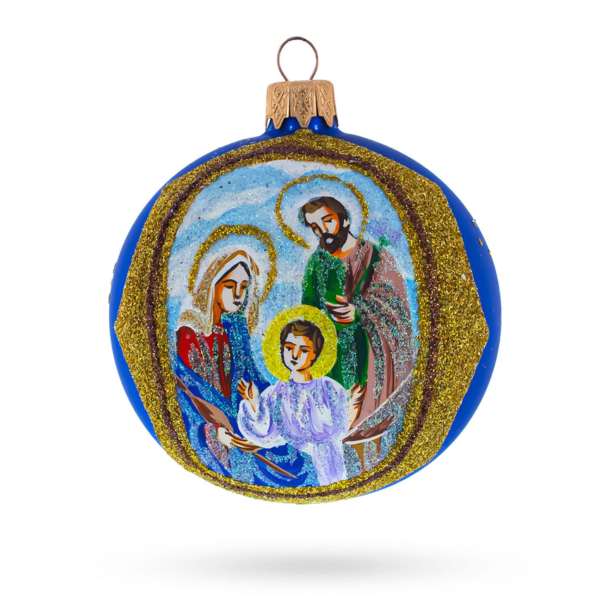 Glass Nativity Scene Sparkling Glass Ball Christmas Ornament 3.25 Inches in Blue color Round