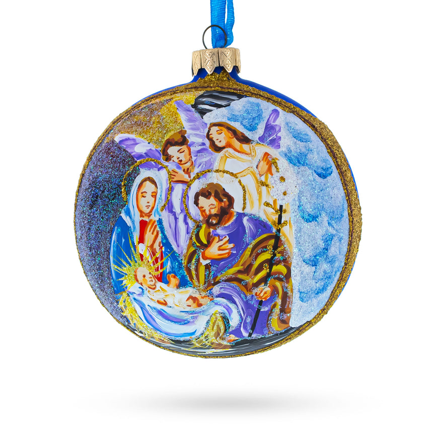 Glass Divine Angels Admiring Jesus Nativity Scene Blown Glass Ball Christmas Ornament 4 Inches in Blue color Round