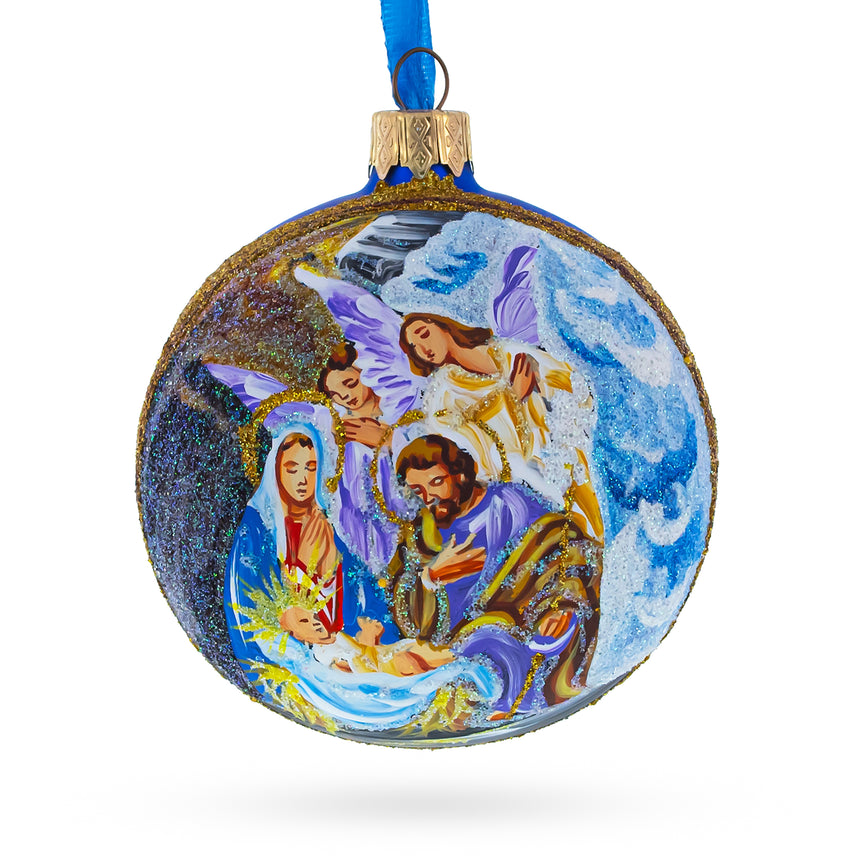 Glass Divine Angels Admiring Jesus Nativity Scene Glass Ball Christmas Ornament 3.25 Inches in Blue color Round