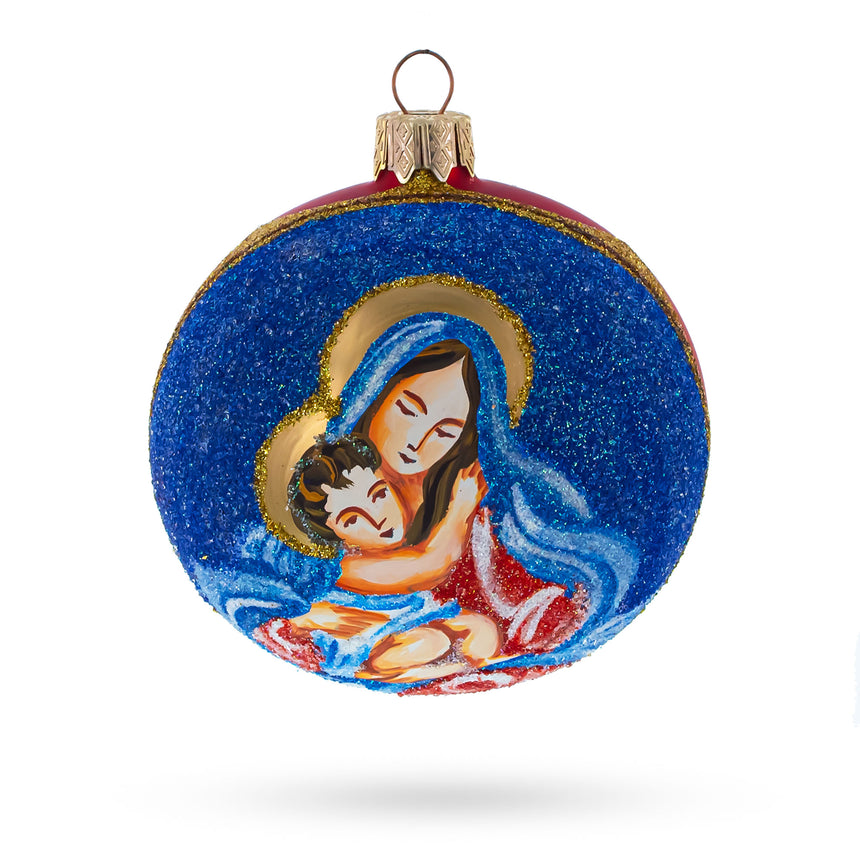 Glass Sacred Virgin Mary Holding Jesus Glass Ball Christmas Ornament 3.25 Inches in Blue color Round