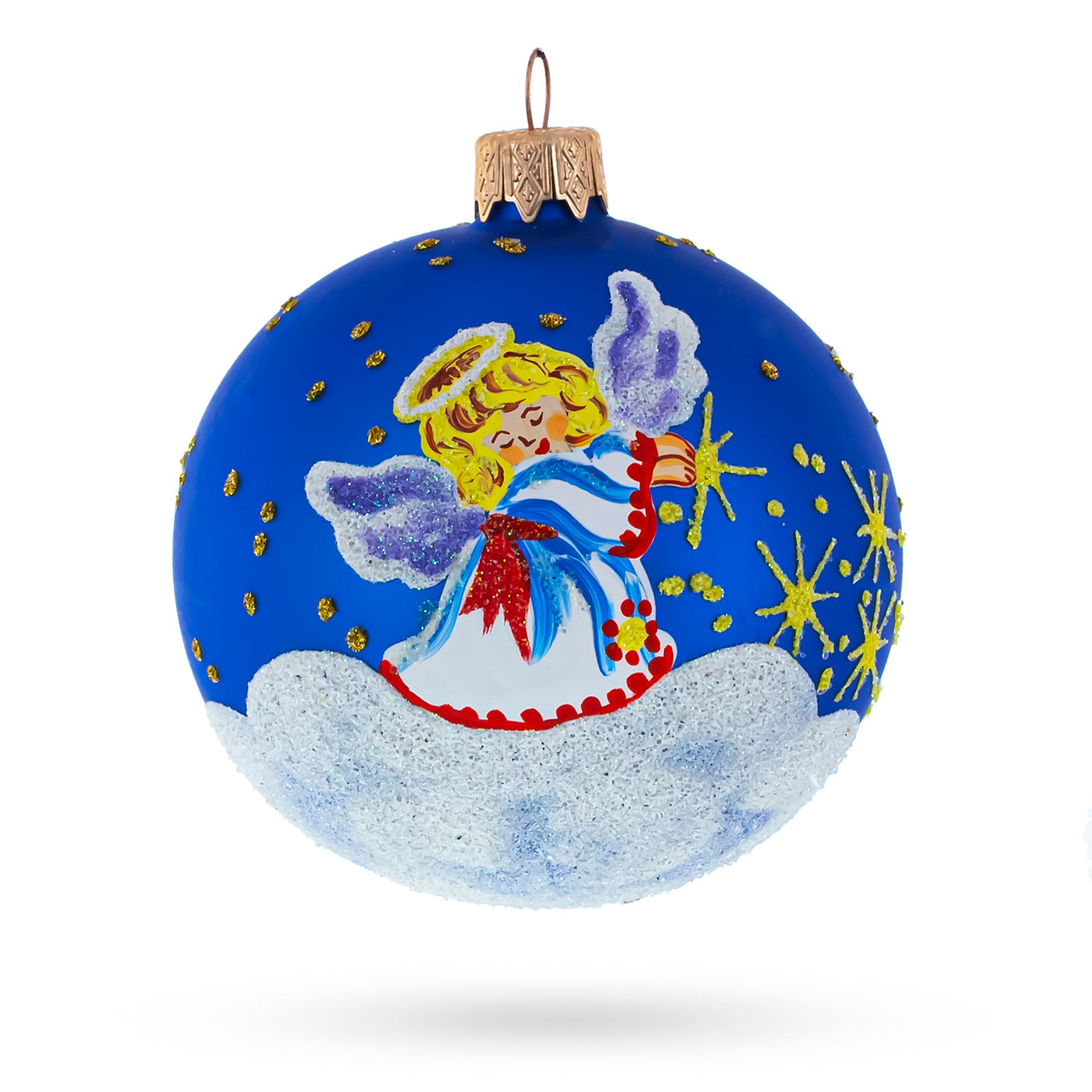 Glass Heavenly Angel in the Sky Blown Glass Ball Christmas Ornament 3.25 Inches in Blue color Round