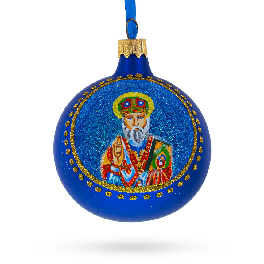 Glass St. Nicholas with the Bible Ukrainian Blown Glass Ball Christmas Ornament 3.25 Inches in Blue color Round