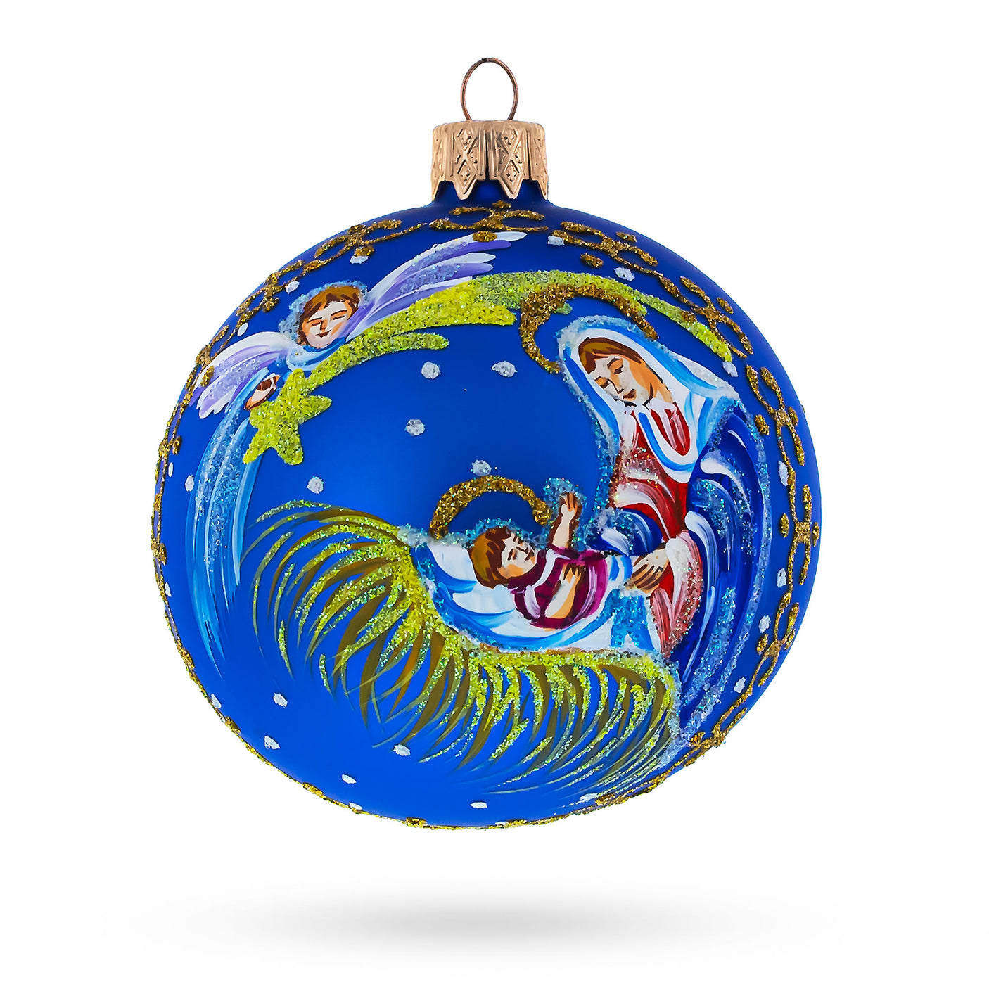 Glass Guardian Angel Overlooking Baby Jesus Nativity Blown Glass Ball Christmas Ornament 3.25 Inches. in Blue color Round