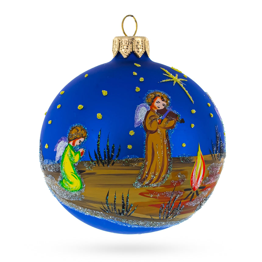 Glass Heavenly Angels in the Night Nativity Scene Blown Glass Ball Christmas Ornament 3.25 Inches in Blue color Round