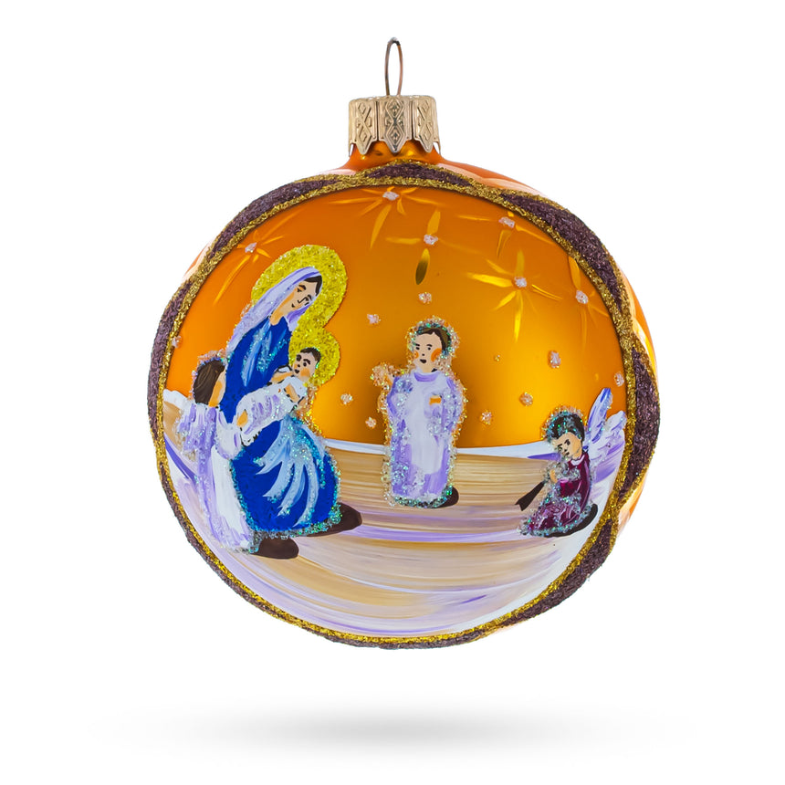 Glass Divine Angels Greeting Jesus Blown Glass Ball Christmas Ornament 3.25 Inches in Orange color Round