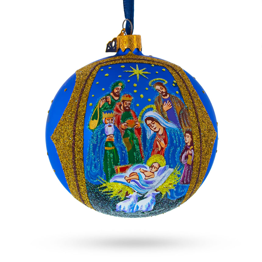 Glass Sacred Nativity Gathering Blown Glass Ball Christmas Ornament 4 Inches in Blue color Round