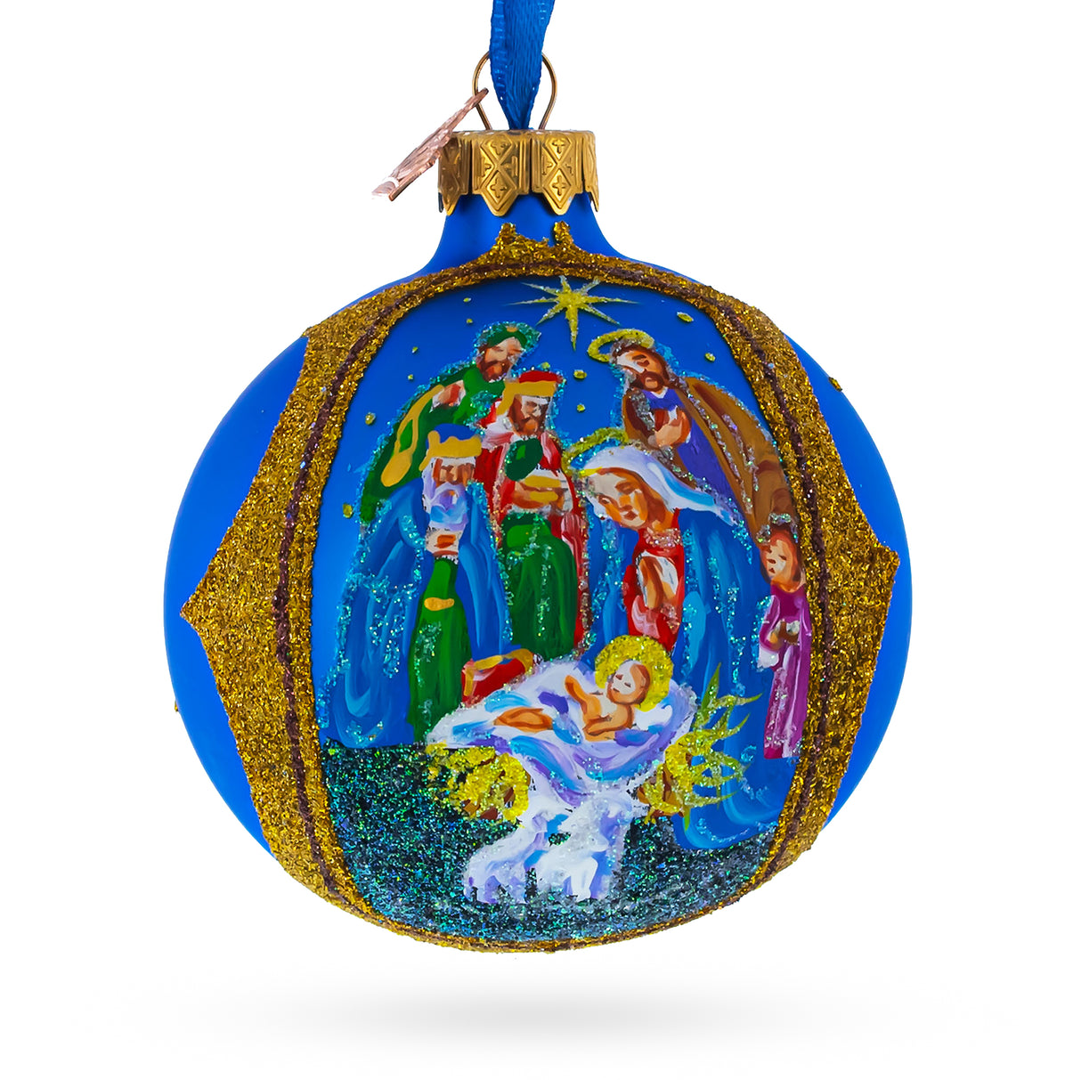 Glass Sacred Nativity Gathering Blown Glass Ball Christmas Ornament 3.25 Inches in Blue color Round